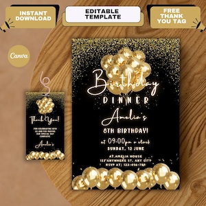 Gold Birthday Dinner Digital Invitation, Gold Birthday Dinner Invite, Dinner Party Invite Template, Instant Download, EDITABLE