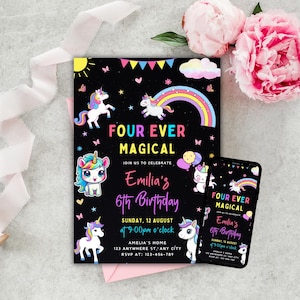 Faire-part d&#39;anniversaire licorne, quatre jamais magiques, invitation anniversaire licorne pastel, invitation licorne arc-en-ciel, modèle modifiable