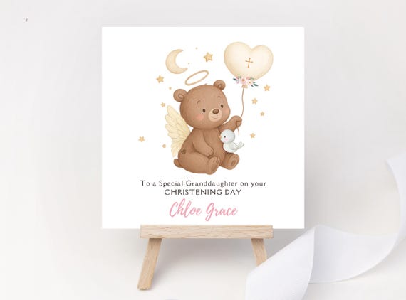 Personalised Christening Card for Girl - Angel Bear with Dove & Balloon - Custom Name Goddaughter Granddaughter