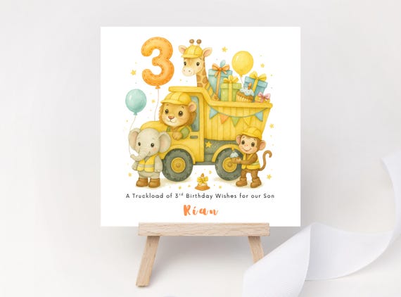 Personalised Safari Dump Truck 3rd Birthday Card for Boy | Construction Animal Keepsake
