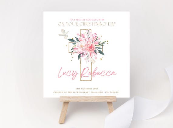 Personalised Christening Card for Girl - Pink Floral Cross and Dove - Custom Name & Date