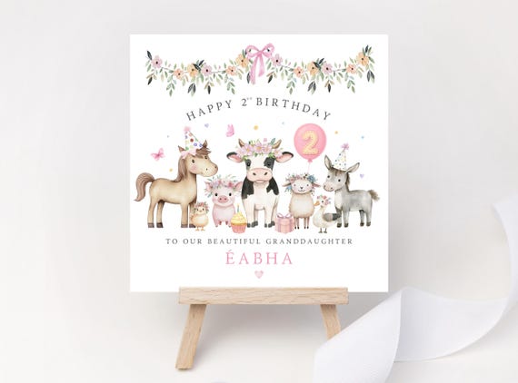 Personalised Farm Animals Party 2nd Birthday Card for Girls – Pink Wildflower Tractor Keepsake