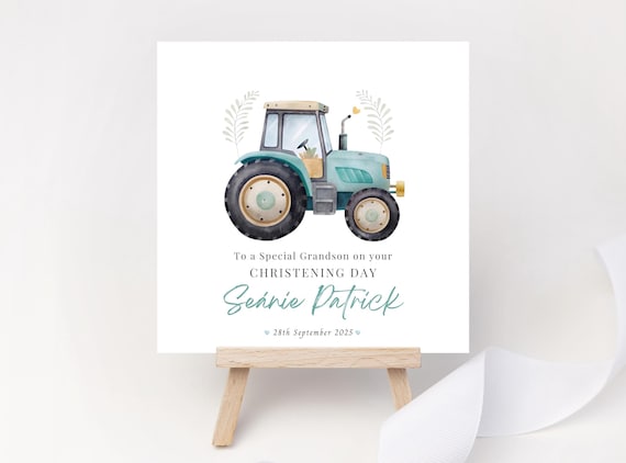 Personalised Christening Card for Boy - Blue Farm Tractor Keepsake - Custom Name & Date