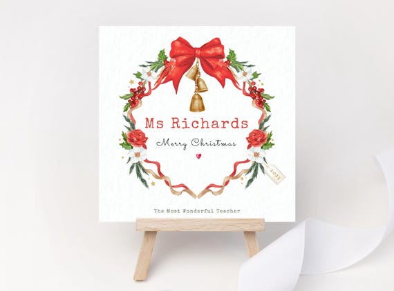 Personalised Teacher Christmas Card Custom Name Festive Wreath Holiday Keepsake