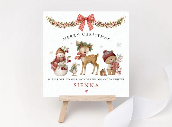 Personalised Christmas Card for Kids – Woodland Deer, Bear & Snowman