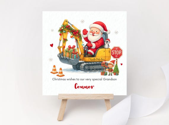 Personalised Grandson Christmas Card – Santa Elf Digger Construction Scene