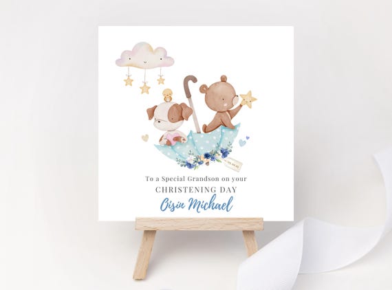 Personalized Christening Card: Watercolor Bear & Puppy Keepsake