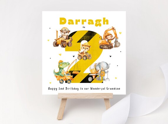 Personalised Builder Birthday Card | Digger Truck Animals | Custom Name & Age