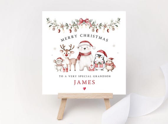 Personalised Woodland Animals Christmas Card – Merry or Happy Christmas Polar Bear Keepsake