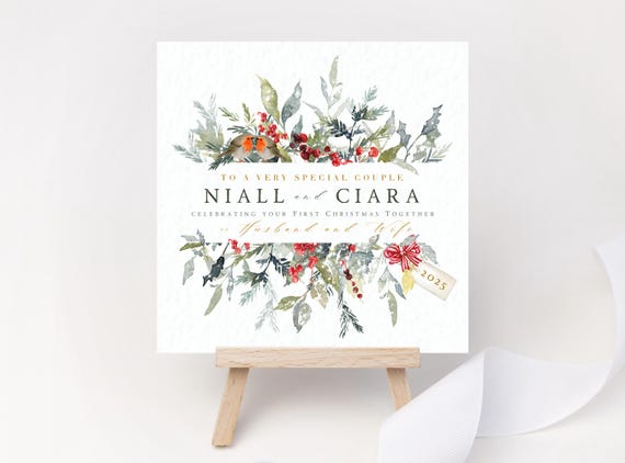 Personalised First Christmas Married Couple Card – Robin Watercolour Design 2025 Keepsake for Newlyweds