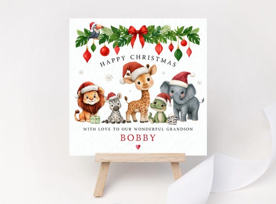 Personalised Safari Christmas Card for Son or Grandson – Hand Painted Jungle Animal Kids Keepsake