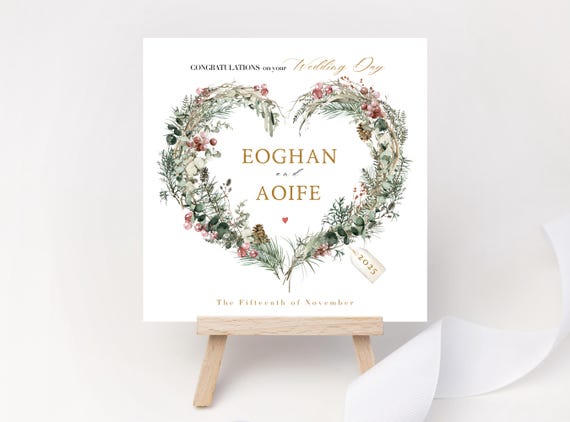 Personalised Winter Wedding Card - Elegant Christmas Heart Wreath Keepsake