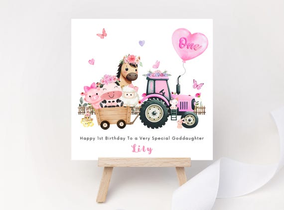 Personalised Farm Pink Tractor 1st Birthday Card | Girl Wildflower Farmyard Animal Keepsake