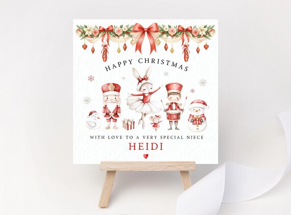 Personalised Nutcracker Christmas Card – Ballerina Bunny & Friends Christmas Keepsake for Girls