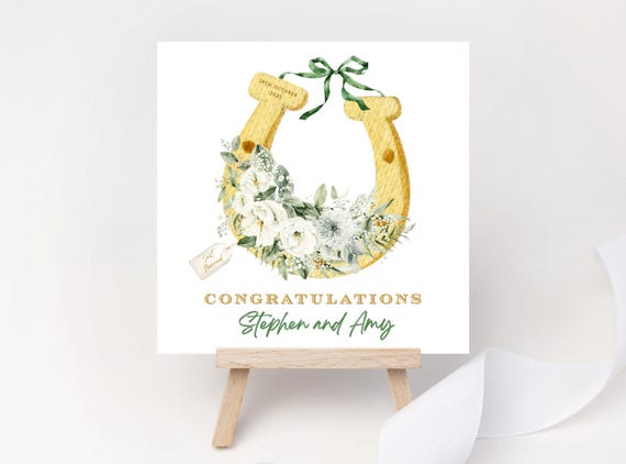 Personalised Irish Wedding Card | Elegant Gold Floral Horseshoe Keepsake | Couple Names & Date