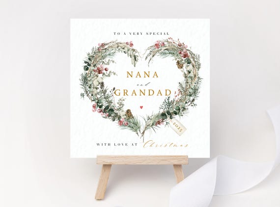 Grandparents Christmas Card | Nanna & Grandad Elegant Heart Wreath Keepsake