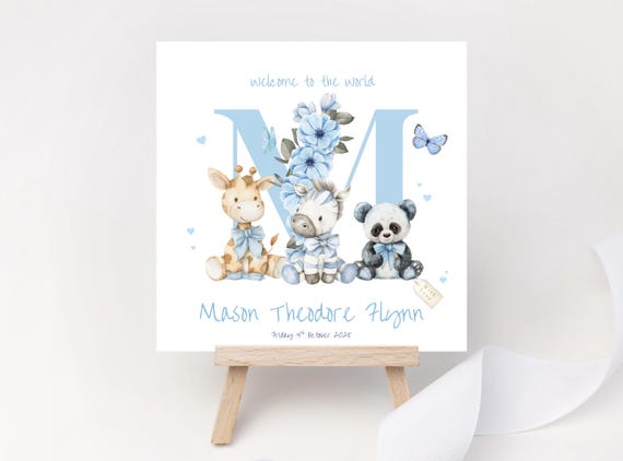 Personalised New Baby Boy Card | Blue Initial Safari Animal Monogram Keepsake