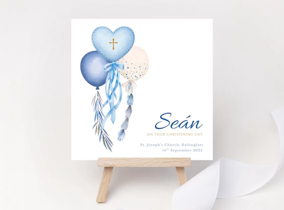 Personalised Christening Card for Boy with Blue Balloons – Custom Name, Church & Date Keepsake