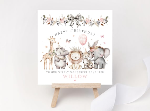Wild One Birthday Card | Boho Floral Safari Animals | Personalised 1st Birthday Keepsake