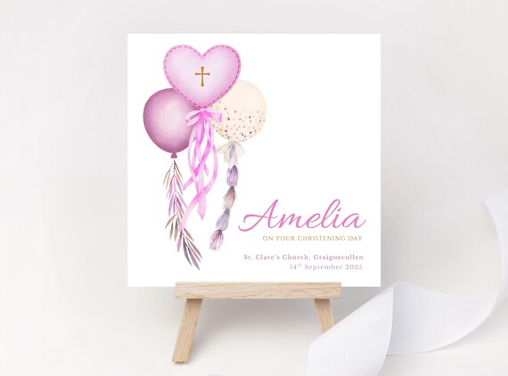 Personalised Christening Card for Girl with Pink Balloons – Custom Name, Church & Date Keepsake