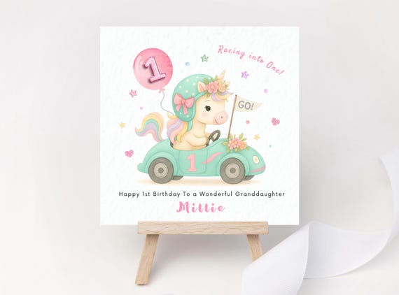 Personalised 1st Birthday Card for Girls – Racing Into One Unicorn Car Keepsake