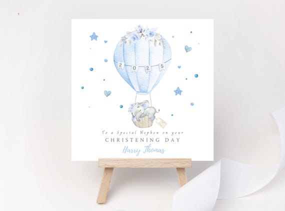 Personalised Boy’s Christening Card | Custom Name & Relation Blue Hot Air Balloon Baptism Keepsake