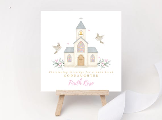 Personalised Christening Blessing Card for Goddaughter - Pink Floral Church & Dove Keepsake
