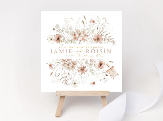 Personalised Neutral Floral Wedding Card | Elegant Dried Flower Keepsake for Couple