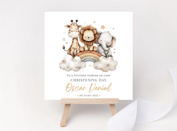Personalised Christening Card: Safari Animals Rainbow Keepsake