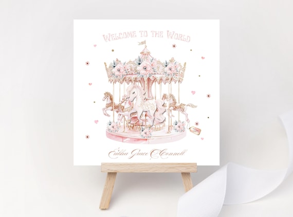Personalised New Baby Card | Welcome to the World | Baby Girl Carousel Keepsake