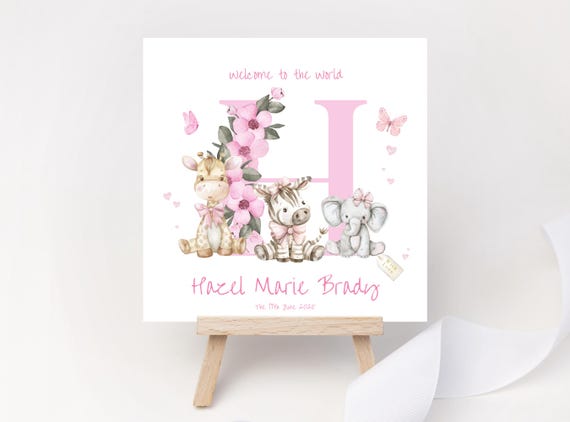 Personalised New Baby Girl Card | Floral Initial Safari Animal Monogram Keepsake