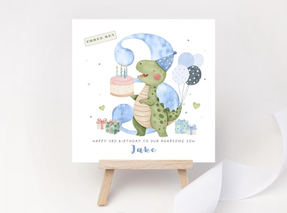Personalised Dinosaur 3rd Birthday Card for Boy – Three Rex T-Rex Keepsake