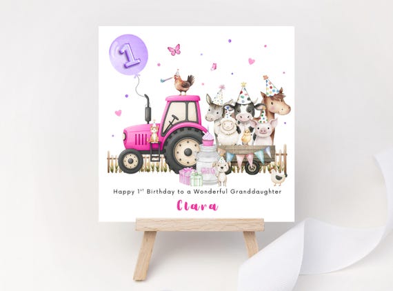 Personalised Pink Tractor Farm Party Birthday Card | Girls 1st Birthday Keepsake