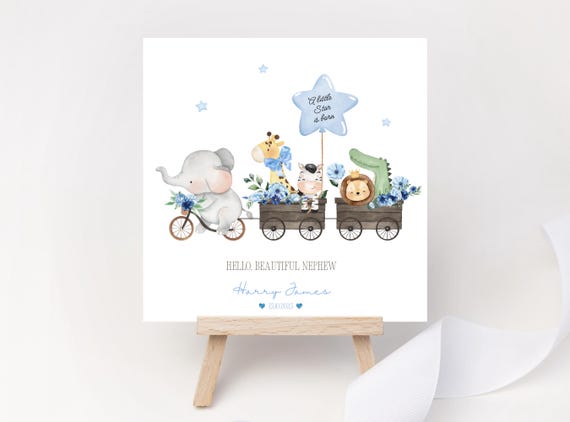 Personalised New Baby Boy Card | Little Star Is Born | Animal Train Keepsake Gift