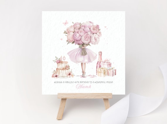 Personalised 40th Birthday Card for Her | Elegant Pink Champagne & Peony Flowers Keepsake