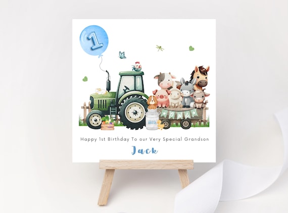 Personalised Green Tractor Birthday Card for Boy Farm Animals Keepsake