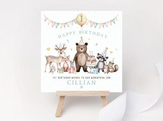 Woodland Party Animals 1st Birthday Card – Personalised Keepsake for Boy or Girl