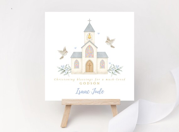 Personalised Christening Blessing Card for Godson - Blue Floral Church & Dove Keepsake