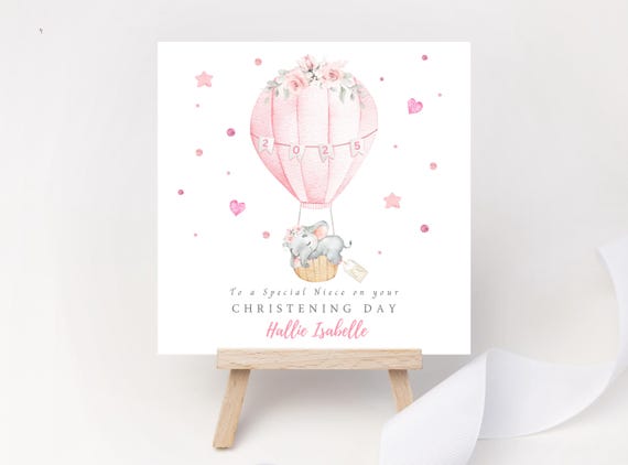 Personalised Girl’s Christening Card | Custom Name & Relation Pink Hot Air Balloon Baptism Keepsake