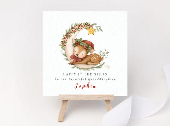 Personalised 1st Christmas Card – Baby Woodland Reindeer Keepsake
