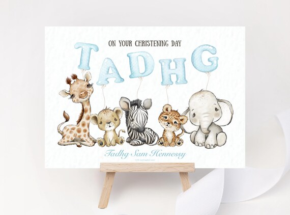 Personalised Christening Card for Boy - Personalised Name Safari Animals with Letter Balloons