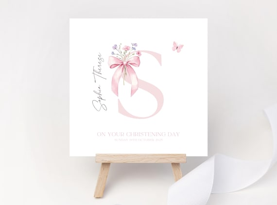 Luxury Personalised Christening Card | Elegant Monogram Bow & Floral Initial Keepsake