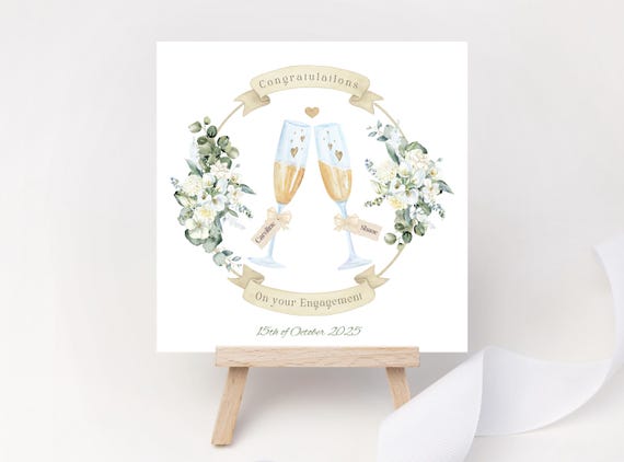 Personalised Elegant Champagne Toast Engagement Card - Couple Names & Date Keepsake