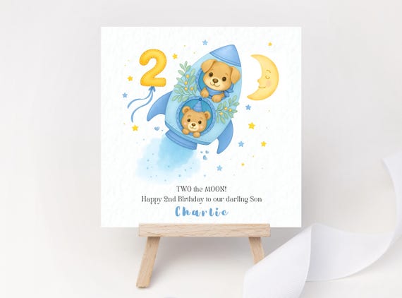 Personalised 2nd Birthday Card – TWO the MOON! Rocket Puppy & Bear Keepsake for Boy