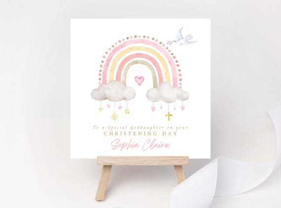 Personalised Christening Card for Girl – Pink Watercolour Rainbow, Custom Name, Message & Date