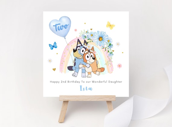 Personalised Bluey 2nd Birthday Card – Rainbow Bluey Party Keepsake