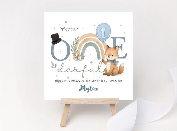 Personalised 1st Birthday Card for Boy Mister ONEderful Fox Blue Rainbow