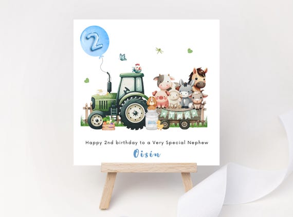 Personalised 2nd Birthday Card for Boy – Green Tractor & Farm Animals