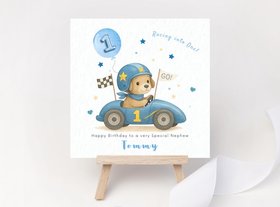 Personalised 1st Birthday Card for Boys – Racing Into One Dog Car Keepsake