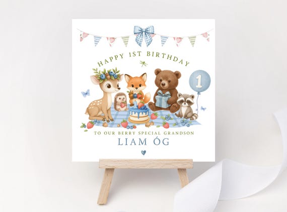 Personalised Berry 1st Birthday Card for Boys - Woodland Animals Picnic Keepsake